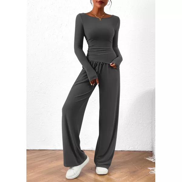 PRETTYGARDEN Womens 2 Piece Lounge Sets Asymmetrical Long Sleeve T Shirt Wide Leg Pants Casual Outfits TracksuitDark Grey