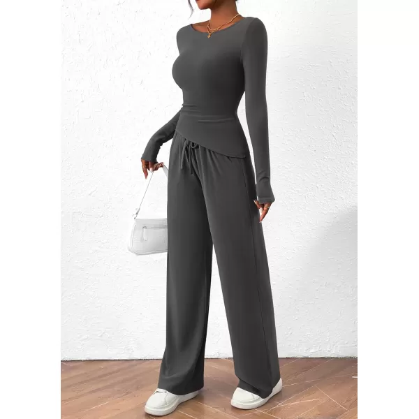 PRETTYGARDEN Womens 2 Piece Lounge Sets Asymmetrical Long Sleeve T Shirt Wide Leg Pants Casual Outfits TracksuitDark Grey