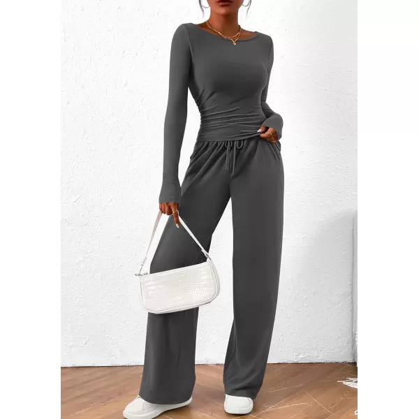 PRETTYGARDEN Womens 2 Piece Lounge Sets Asymmetrical Long Sleeve T Shirt Wide Leg Pants Casual Outfits TracksuitDark Grey