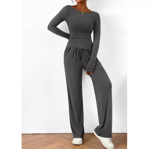 PRETTYGARDEN Womens 2 Piece Lounge Sets Asymmetrical Long Sleeve T Shirt Wide Leg Pants Casual Outfits TracksuitDark Grey
