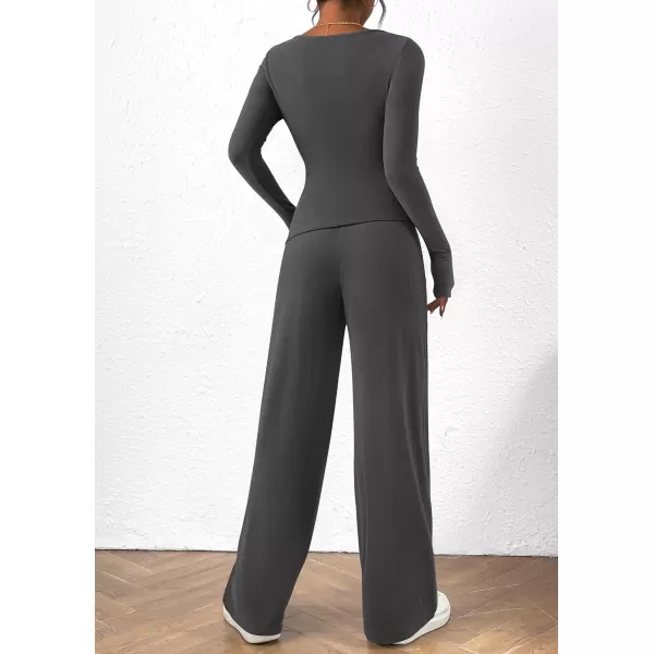PRETTYGARDEN Womens 2 Piece Lounge Sets Asymmetrical Long Sleeve T Shirt Wide Leg Pants Casual Outfits TracksuitDark Grey