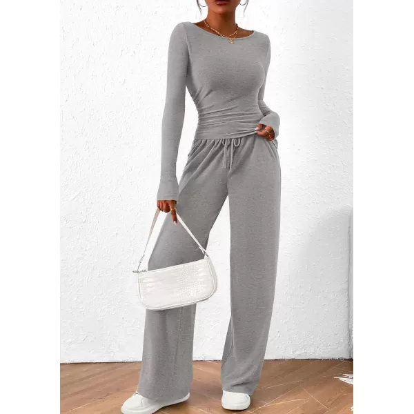 PRETTYGARDEN Womens 2 Piece Lounge Sets Asymmetrical Long Sleeve T Shirt Wide Leg Pants Casual Outfits TracksuitGrey