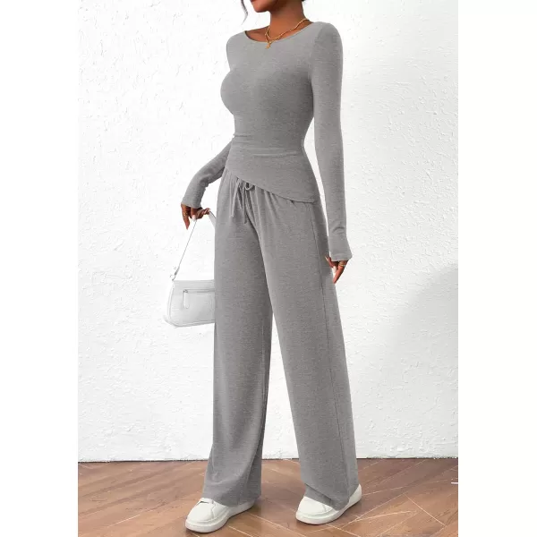PRETTYGARDEN Womens 2 Piece Lounge Sets Asymmetrical Long Sleeve T Shirt Wide Leg Pants Casual Outfits TracksuitGrey