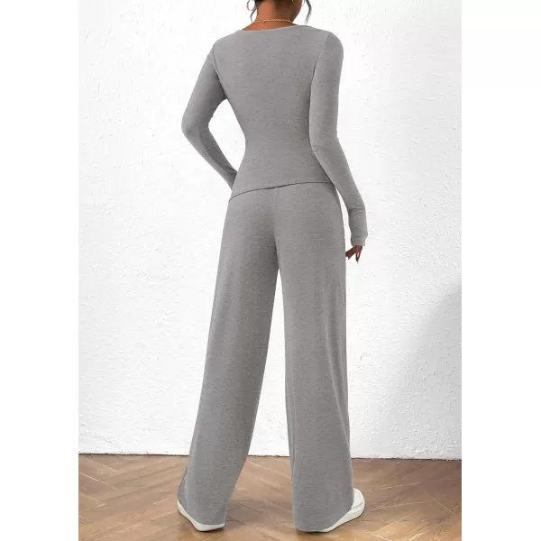PRETTYGARDEN Womens 2 Piece Lounge Sets Asymmetrical Long Sleeve T Shirt Wide Leg Pants Casual Outfits TracksuitGrey