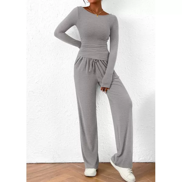 PRETTYGARDEN Womens 2 Piece Lounge Sets Asymmetrical Long Sleeve T Shirt Wide Leg Pants Casual Outfits TracksuitGrey