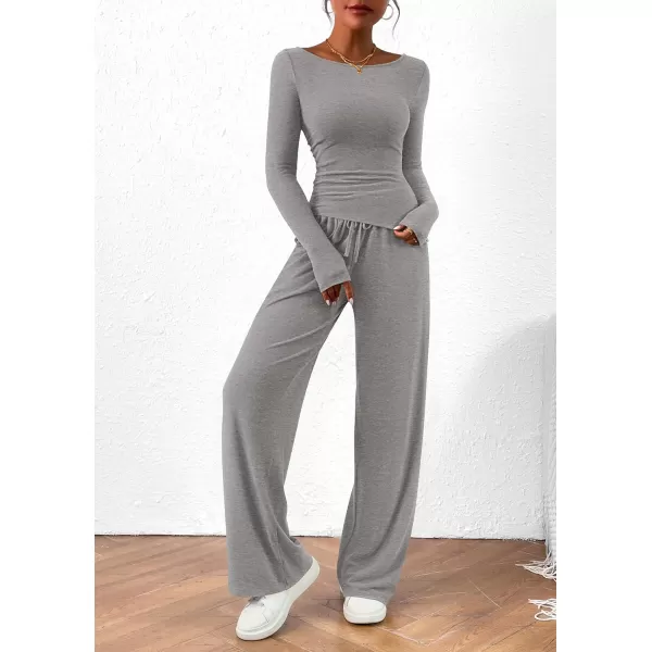 PRETTYGARDEN Womens 2 Piece Lounge Sets Asymmetrical Long Sleeve T Shirt Wide Leg Pants Casual Outfits TracksuitGrey