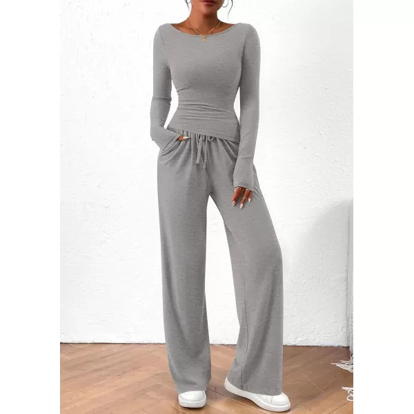 PRETTYGARDEN Womens 2 Piece Lounge Sets Asymmetrical Long Sleeve T Shirt Wide Leg Pants Casual Outfits TracksuitGrey