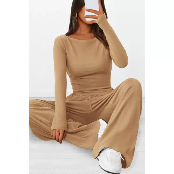 PRETTYGARDEN Womens 2 Piece Lounge Sets Asymmetrical Long Sleeve T Shirt Wide Leg Pants Casual Outfits TracksuitKhaki