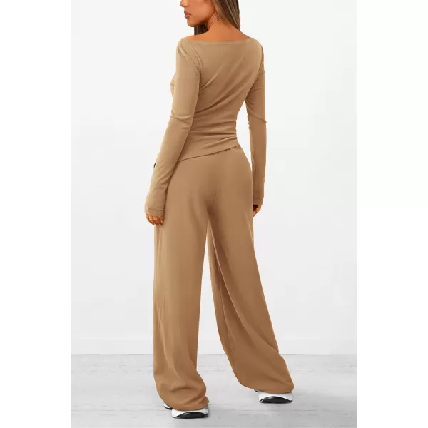 PRETTYGARDEN Womens 2 Piece Lounge Sets Asymmetrical Long Sleeve T Shirt Wide Leg Pants Casual Outfits TracksuitKhaki