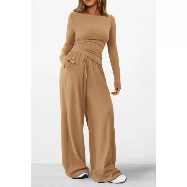 PRETTYGARDEN Womens 2 Piece Lounge Sets Asymmetrical Long Sleeve T Shirt Wide Leg Pants Casual Outfits TracksuitKhaki