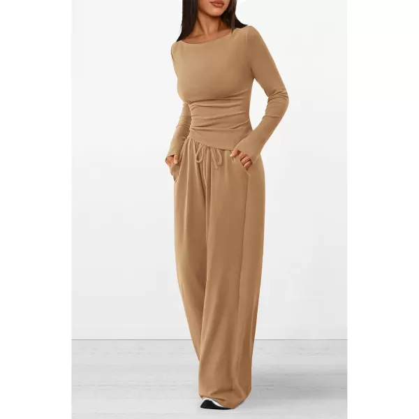 PRETTYGARDEN Womens 2 Piece Lounge Sets Asymmetrical Long Sleeve T Shirt Wide Leg Pants Casual Outfits TracksuitKhaki