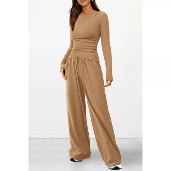 PRETTYGARDEN Womens 2 Piece Lounge Sets Asymmetrical Long Sleeve T Shirt Wide Leg Pants Casual Outfits TracksuitKhaki
