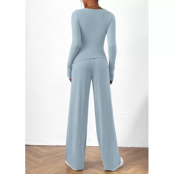 PRETTYGARDEN Womens 2 Piece Lounge Sets Asymmetrical Long Sleeve T Shirt Wide Leg Pants Casual Outfits TracksuitLight Blue