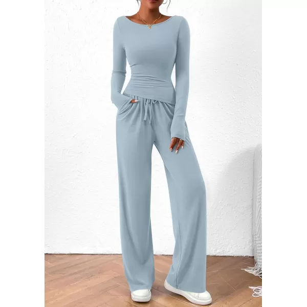 PRETTYGARDEN Womens 2 Piece Lounge Sets Asymmetrical Long Sleeve T Shirt Wide Leg Pants Casual Outfits TracksuitLight Blue