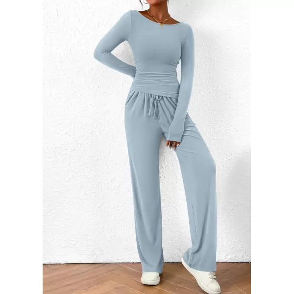 PRETTYGARDEN Womens 2 Piece Lounge Sets Asymmetrical Long Sleeve T Shirt Wide Leg Pants Casual Outfits TracksuitLight Blue