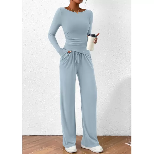 PRETTYGARDEN Womens 2 Piece Lounge Sets Asymmetrical Long Sleeve T Shirt Wide Leg Pants Casual Outfits TracksuitLight Blue