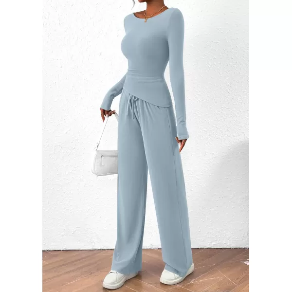 PRETTYGARDEN Womens 2 Piece Lounge Sets Asymmetrical Long Sleeve T Shirt Wide Leg Pants Casual Outfits TracksuitLight Blue