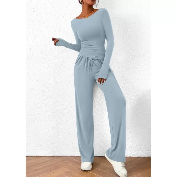 PRETTYGARDEN Womens 2 Piece Lounge Sets Asymmetrical Long Sleeve T Shirt Wide Leg Pants Casual Outfits TracksuitLight Blue