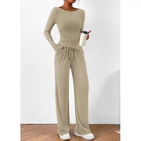 PRETTYGARDEN Womens 2 Piece Lounge Sets Asymmetrical Long Sleeve T Shirt Wide Leg Pants Casual Outfits TracksuitLight Khaki