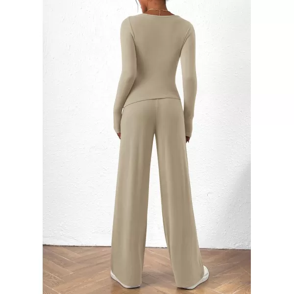 PRETTYGARDEN Womens 2 Piece Lounge Sets Asymmetrical Long Sleeve T Shirt Wide Leg Pants Casual Outfits TracksuitLight Khaki