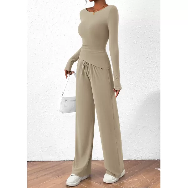 PRETTYGARDEN Womens 2 Piece Lounge Sets Asymmetrical Long Sleeve T Shirt Wide Leg Pants Casual Outfits TracksuitLight Khaki