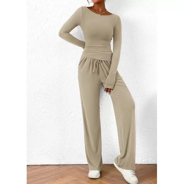 PRETTYGARDEN Womens 2 Piece Lounge Sets Asymmetrical Long Sleeve T Shirt Wide Leg Pants Casual Outfits TracksuitLight Khaki