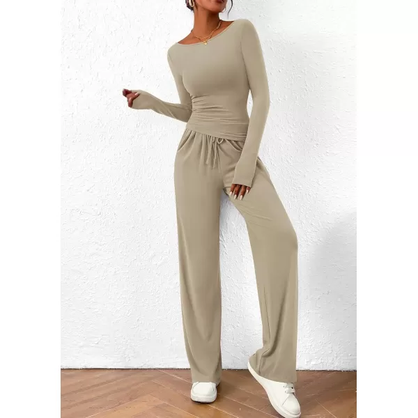 PRETTYGARDEN Womens 2 Piece Lounge Sets Asymmetrical Long Sleeve T Shirt Wide Leg Pants Casual Outfits TracksuitLight Khaki
