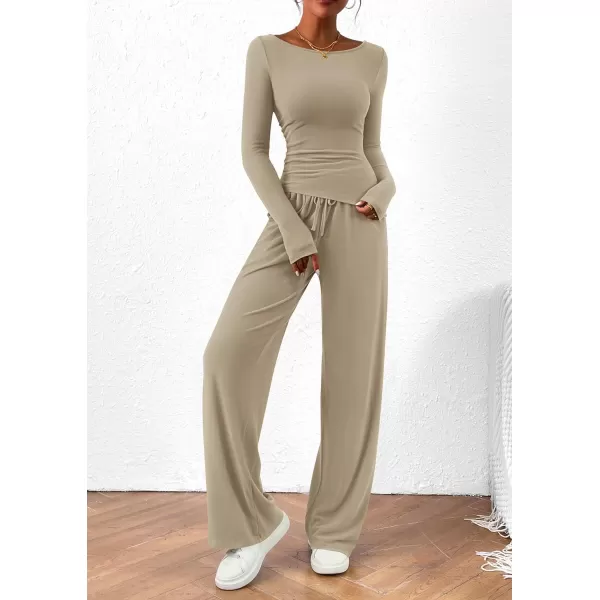 PRETTYGARDEN Womens 2 Piece Lounge Sets Asymmetrical Long Sleeve T Shirt Wide Leg Pants Casual Outfits TracksuitLight Khaki