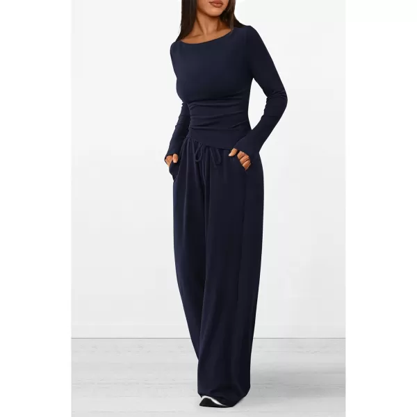 PRETTYGARDEN Womens 2 Piece Lounge Sets Asymmetrical Long Sleeve T Shirt Wide Leg Pants Casual Outfits TracksuitNavy