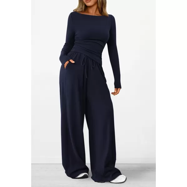 PRETTYGARDEN Womens 2 Piece Lounge Sets Asymmetrical Long Sleeve T Shirt Wide Leg Pants Casual Outfits TracksuitNavy