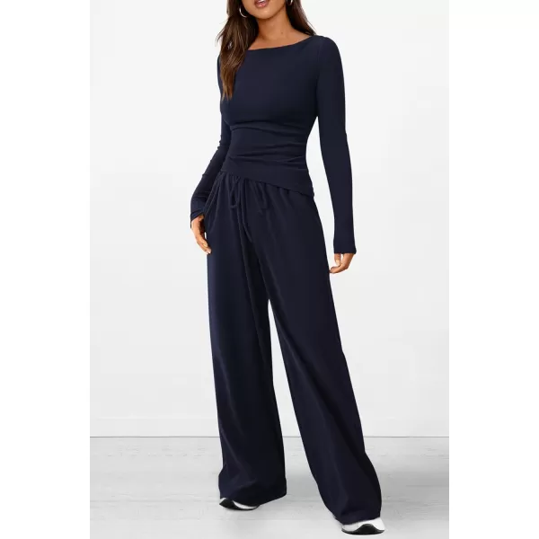 PRETTYGARDEN Womens 2 Piece Lounge Sets Asymmetrical Long Sleeve T Shirt Wide Leg Pants Casual Outfits TracksuitNavy