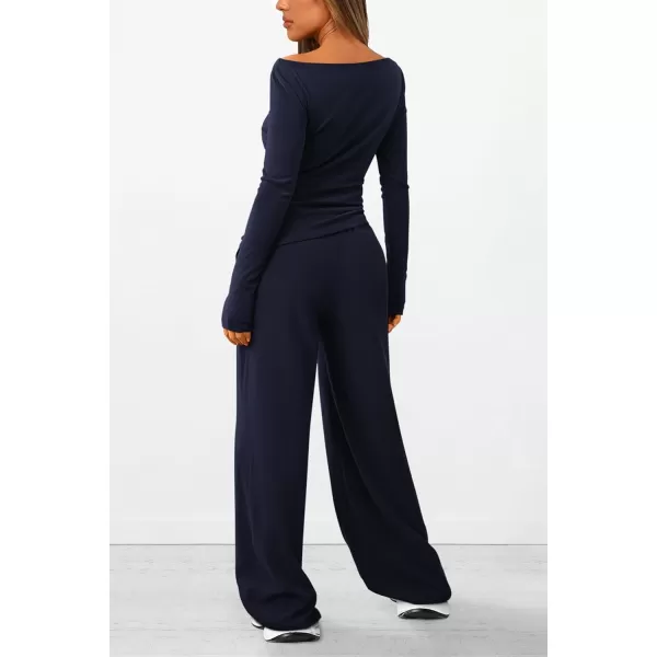 PRETTYGARDEN Womens 2 Piece Lounge Sets Asymmetrical Long Sleeve T Shirt Wide Leg Pants Casual Outfits TracksuitNavy