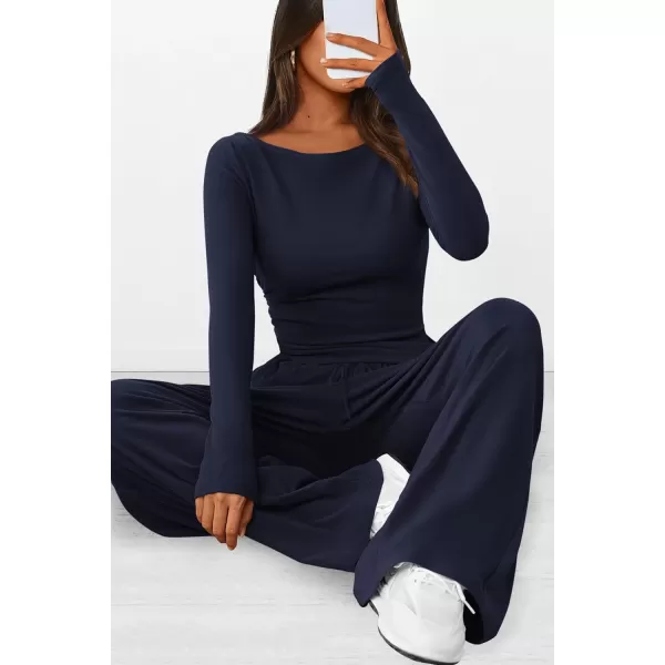 PRETTYGARDEN Womens 2 Piece Lounge Sets Asymmetrical Long Sleeve T Shirt Wide Leg Pants Casual Outfits TracksuitNavy