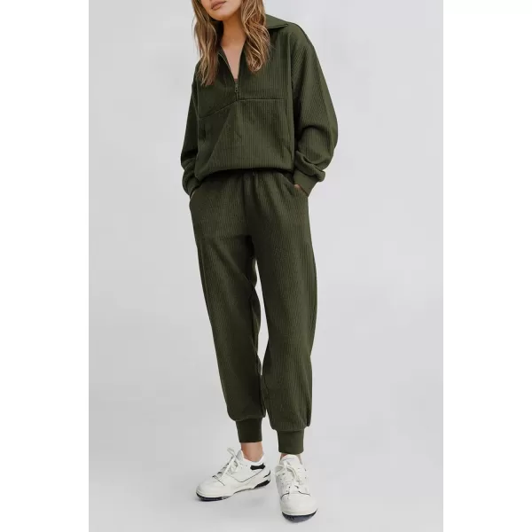 PRETTYGARDEN Womens 2 Piece Sweatsuits Set Long Sleeve Half Zip Pullover Sweatshirt Joggers Sweatpants Fall Outfits TracksuitArmy Green