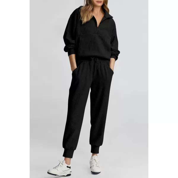 PRETTYGARDEN Womens 2 Piece Sweatsuits Set Long Sleeve Half Zip Pullover Sweatshirt Joggers Sweatpants Fall Outfits TracksuitBlack