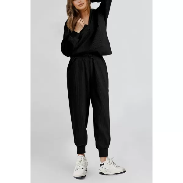 PRETTYGARDEN Womens 2 Piece Sweatsuits Set Long Sleeve Half Zip Pullover Sweatshirt Joggers Sweatpants Fall Outfits TracksuitBlack