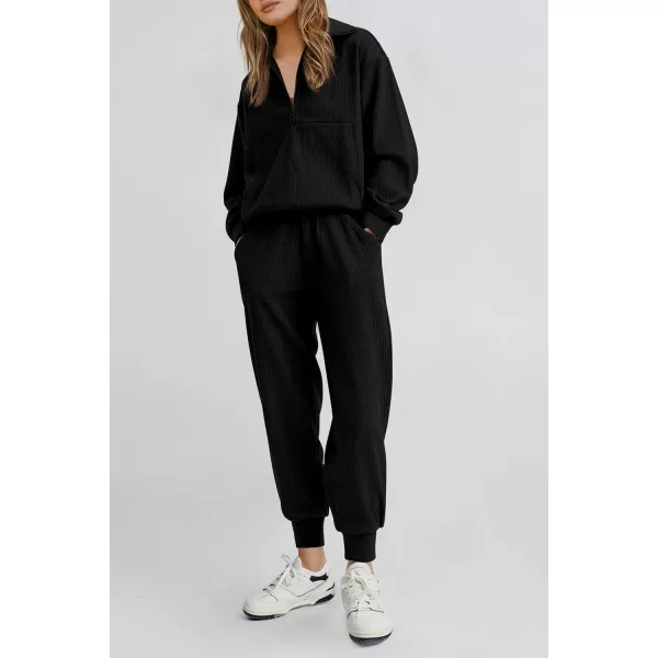 PRETTYGARDEN Womens 2 Piece Sweatsuits Set Long Sleeve Half Zip Pullover Sweatshirt Joggers Sweatpants Fall Outfits TracksuitBlack