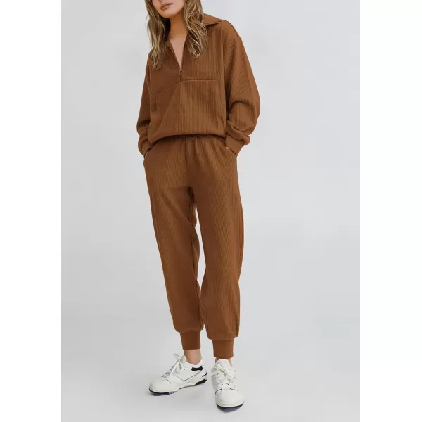 PRETTYGARDEN Womens 2 Piece Sweatsuits Set Long Sleeve Half Zip Pullover Sweatshirt Joggers Sweatpants Fall Outfits TracksuitBrown