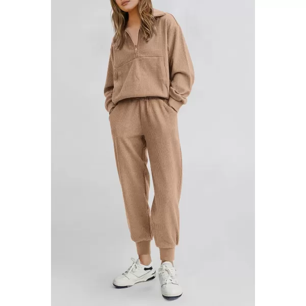 PRETTYGARDEN Womens 2 Piece Sweatsuits Set Long Sleeve Half Zip Pullover Sweatshirt Joggers Sweatpants Fall Outfits TracksuitKhaki