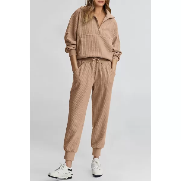 PRETTYGARDEN Womens 2 Piece Sweatsuits Set Long Sleeve Half Zip Pullover Sweatshirt Joggers Sweatpants Fall Outfits TracksuitKhaki