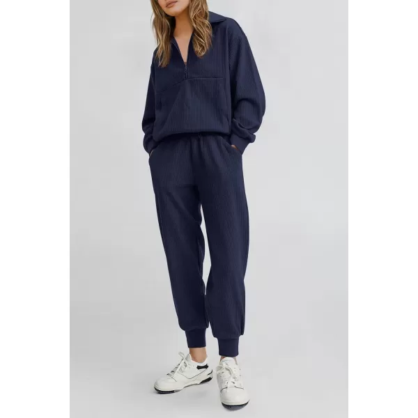 PRETTYGARDEN Womens 2 Piece Sweatsuits Set Long Sleeve Half Zip Pullover Sweatshirt Joggers Sweatpants Fall Outfits TracksuitNavy