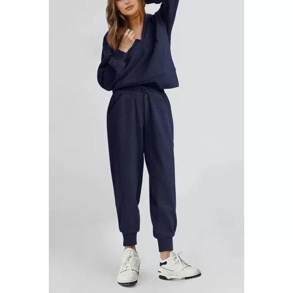PRETTYGARDEN Womens 2 Piece Sweatsuits Set Long Sleeve Half Zip Pullover Sweatshirt Joggers Sweatpants Fall Outfits TracksuitNavy