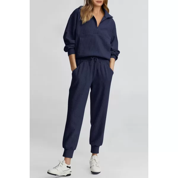 PRETTYGARDEN Womens 2 Piece Sweatsuits Set Long Sleeve Half Zip Pullover Sweatshirt Joggers Sweatpants Fall Outfits TracksuitNavy