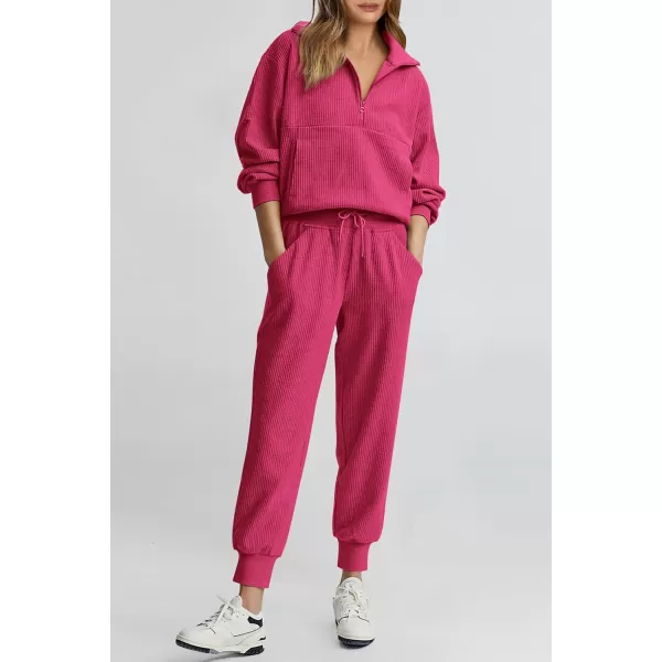 PRETTYGARDEN Womens 2 Piece Sweatsuits Set Long Sleeve Half Zip Pullover Sweatshirt Joggers Sweatpants Fall Outfits TracksuitRose Red