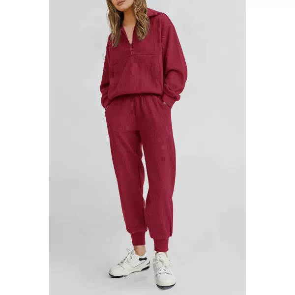 PRETTYGARDEN Womens 2 Piece Sweatsuits Set Long Sleeve Half Zip Pullover Sweatshirt Joggers Sweatpants Fall Outfits TracksuitWine Red