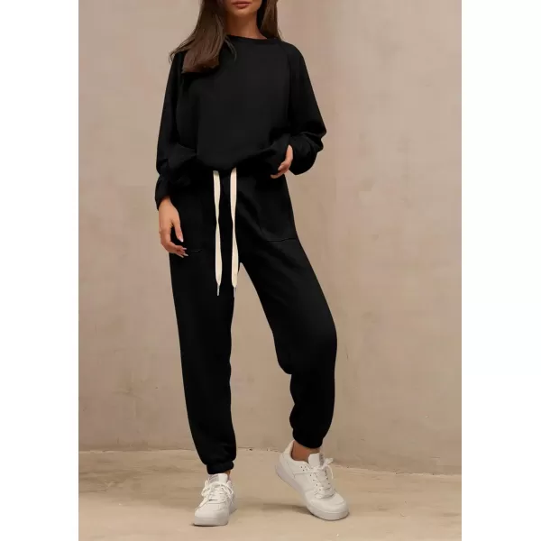 PRETTYGARDEN Womens 2 Piece Tracksuit Outfits Casual Long Sleeve Top High Waisted Sweatpants Lounge Jogger SetBlack