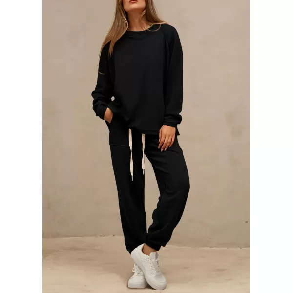 PRETTYGARDEN Womens 2 Piece Tracksuit Outfits Casual Long Sleeve Top High Waisted Sweatpants Lounge Jogger SetBlack