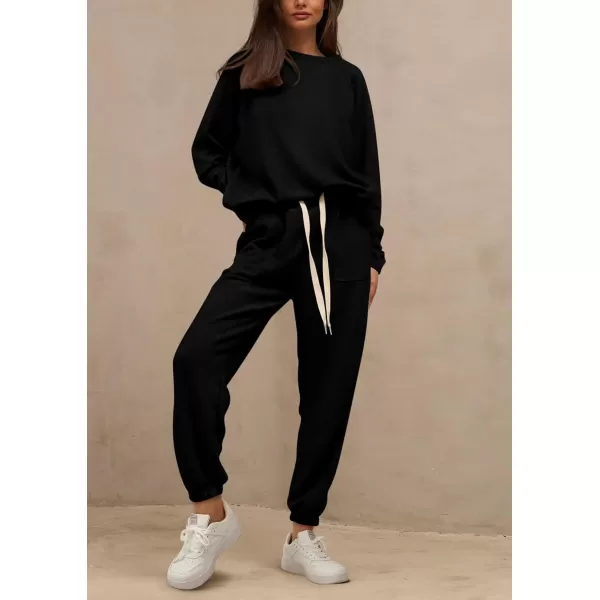 PRETTYGARDEN Womens 2 Piece Tracksuit Outfits Casual Long Sleeve Top High Waisted Sweatpants Lounge Jogger SetBlack