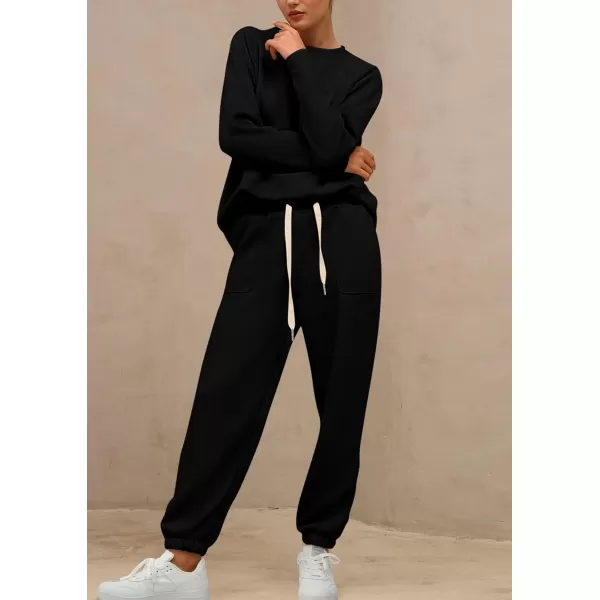 PRETTYGARDEN Womens 2 Piece Tracksuit Outfits Casual Long Sleeve Top High Waisted Sweatpants Lounge Jogger SetBlack