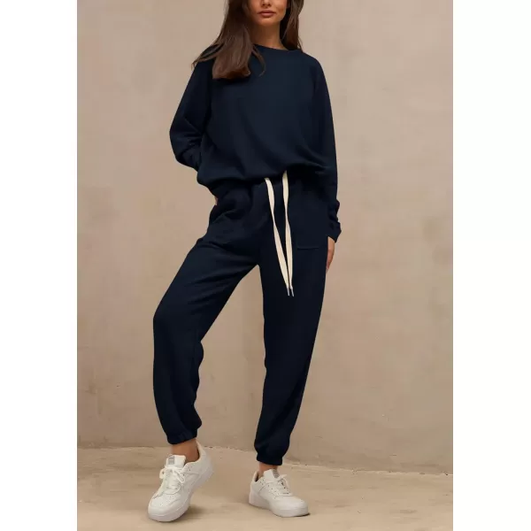 PRETTYGARDEN Womens 2 Piece Tracksuit Outfits Casual Long Sleeve Top High Waisted Sweatpants Lounge Jogger SetNavy